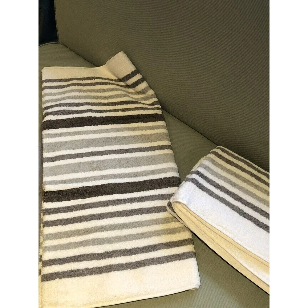 Bombay Bath Towels 2PC Gray White Stripes 100% Cotton Made In India New
